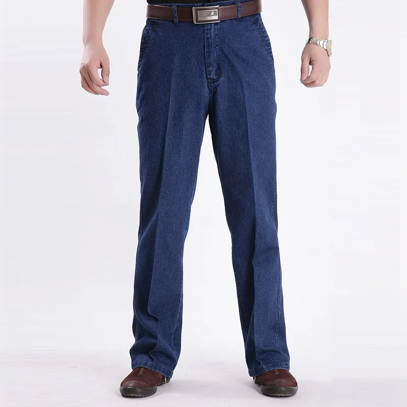 Mid Aged and Elderly Men's Thickened Jeans, Autumn and Winter Elastic High Waisted Deep Crotch, Straight and Loose Fitting