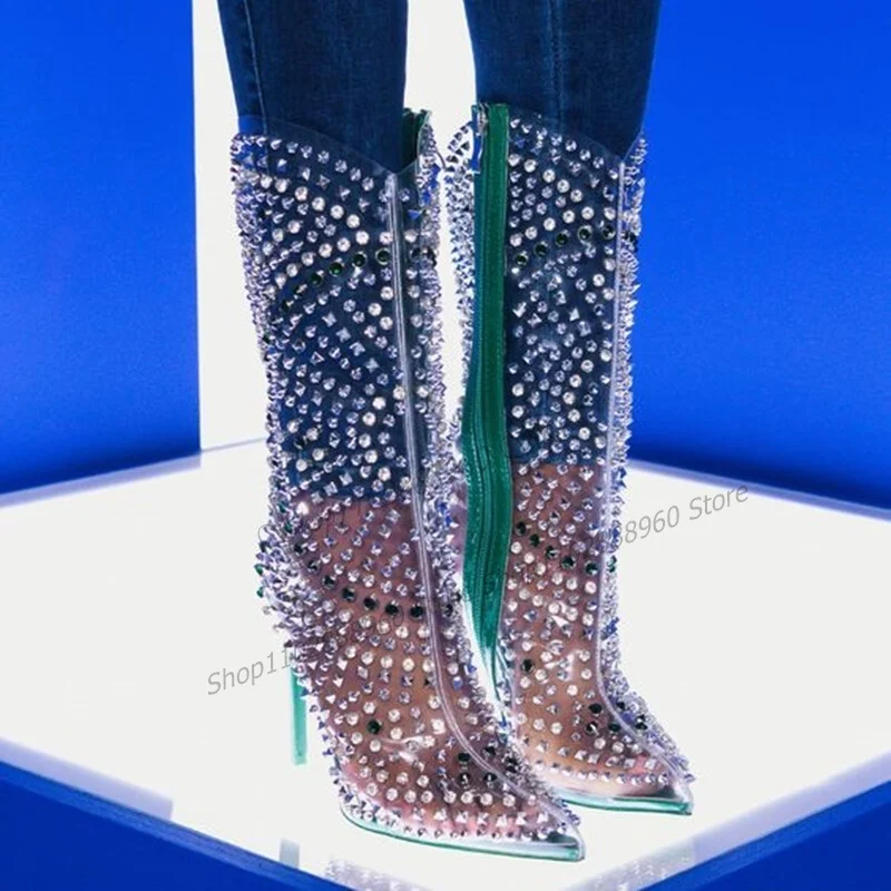 

Mid Calf Green PVC Crystal Decor Boots Stilettos High Heel Women Shoes Side Zipper Pointed Toe 2023 Fashion Zapatos Para Mujere