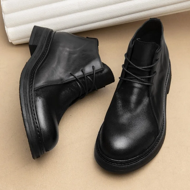 Vintage Mens Genuine Leather Boots Luxury Handmade 2026 Spring Autumn Fashion Round Toe British Style Ankle Oxfords Shoes Man