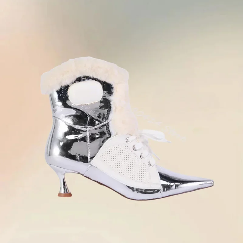 

Silver Fur Decor Strappy Pointed Toe Winter Boots Side Zipper Women Shoes Thin High Heels Party Banquet 2024 Zapatos Para Mujere