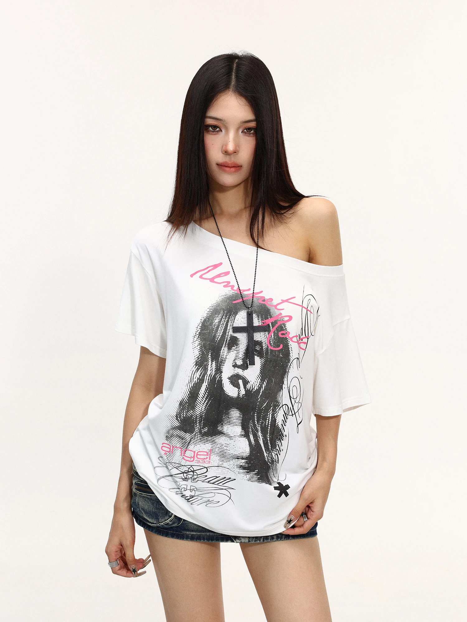 American Style Portrait Print Asymmetrical Shoulder Short Sleeve T-Shirt Women Summer Design Lazy Fashion Versatile Shoulder ...