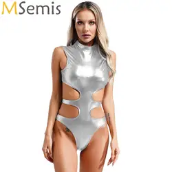 Women Rave Club Pole Dance Leotard Shiny Metallic Sleeveless Stand Collar Cut Out Bodysuit Catsuit Pool Party One Piece Swimsuit