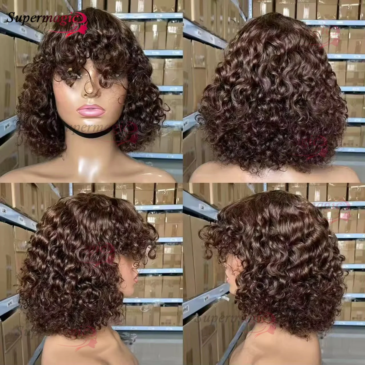 شوكولاتة براون # 4 12 بوصة موجة المياه غلويليس شعر مستعار شعر الإنسان جاهز لارتداء متموج ريمي الشعر الهندي غير الدانتيل بوب شعر مستعار مع الانفجارات