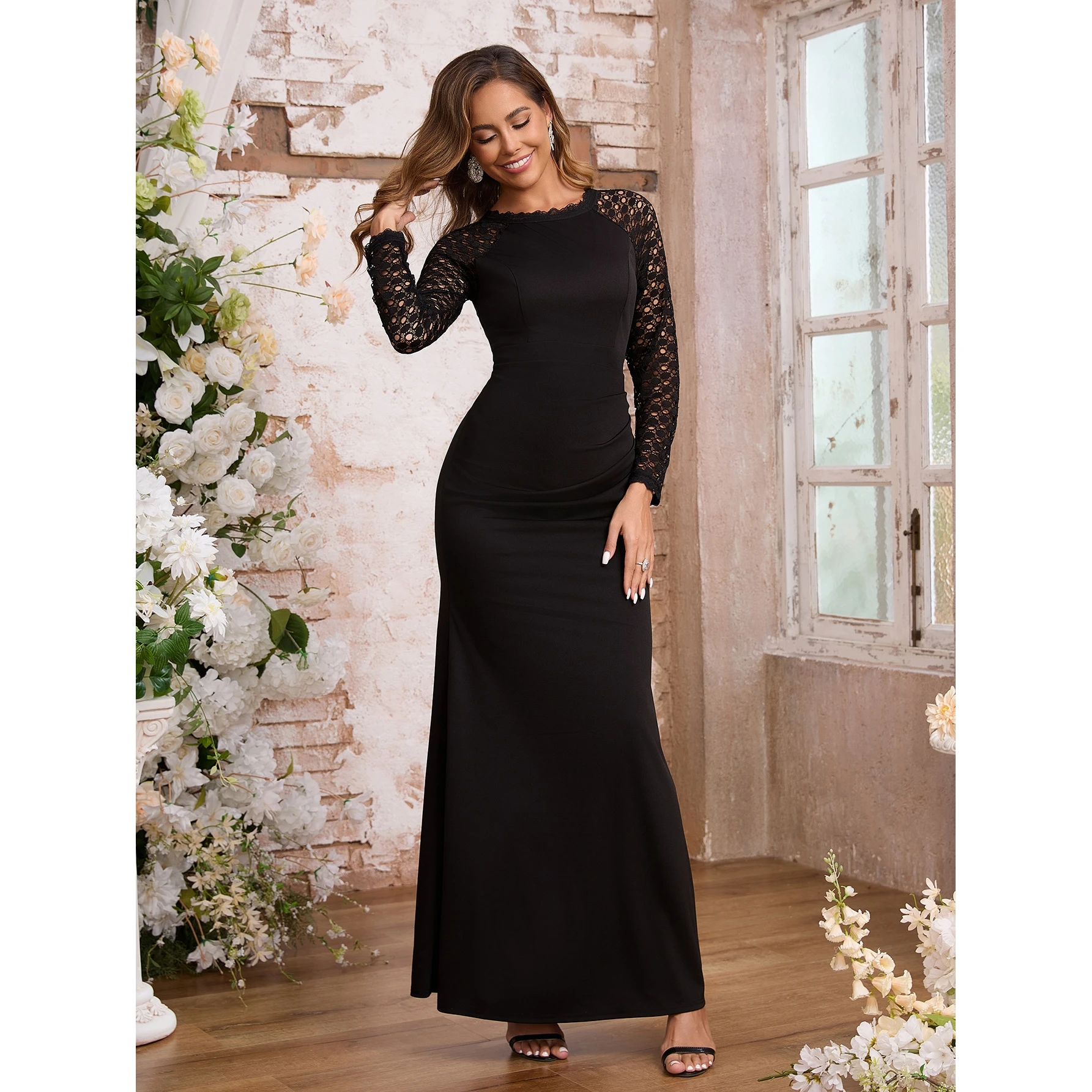 Ele Long Sve dentelle panneaux Dr taille cintrée moulante Dr Station indépendante automne hiver nouveau Sle Faionable dentelle