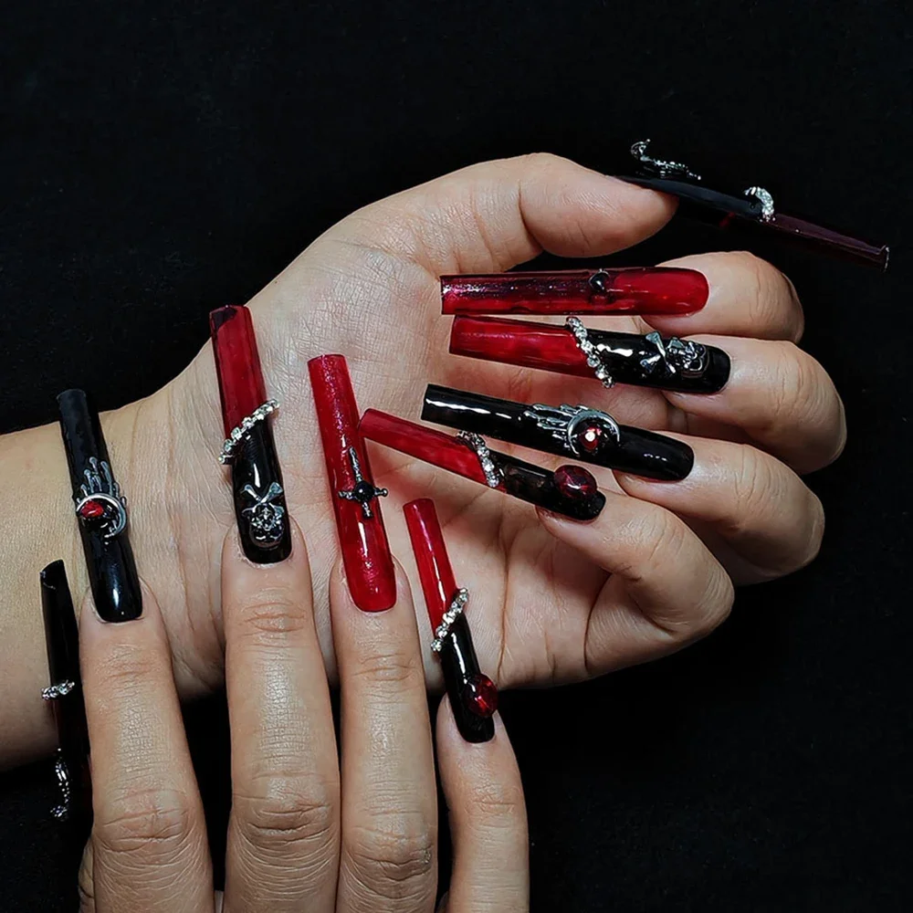 

Goth Style Black and Red Halloween Fake Nails Y2K Long Coffin Skull Spider Punk Full Cover Handmade Press On Nails Wholesale