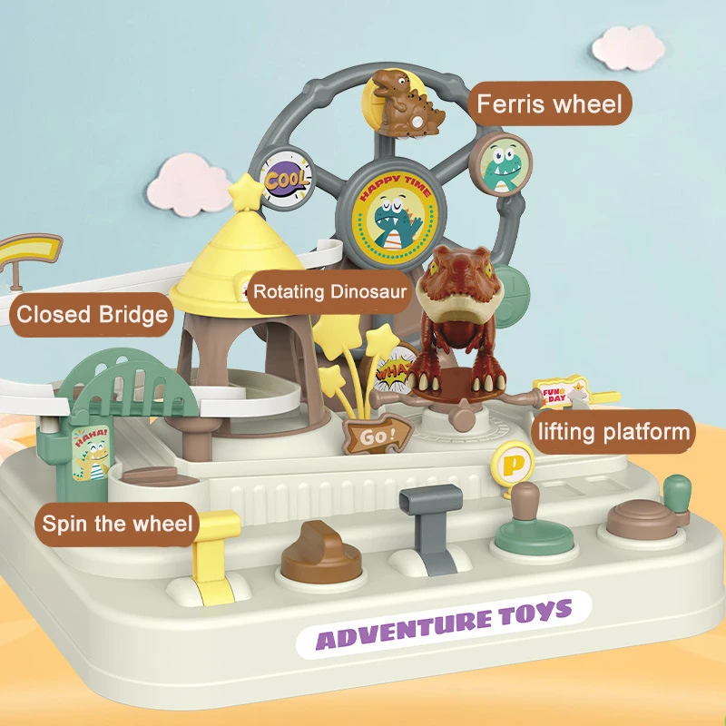 Dinosaur Adventure Track Toy with 5 Obstacles & Ferris Wheel, Mechanical Interactive Desktop Game Kids Boys Birthday Gift