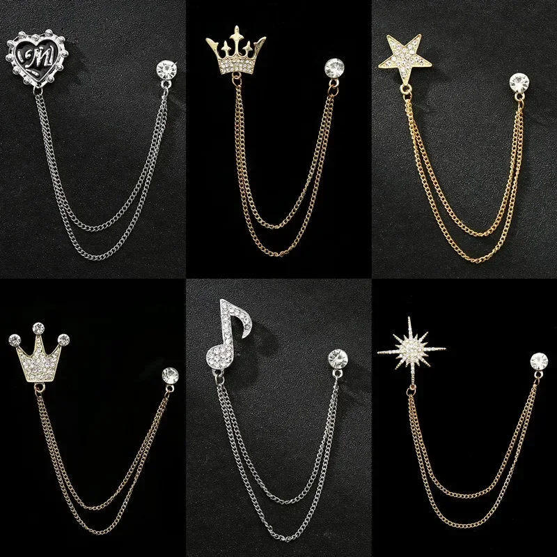 Korean Star Crystal Brooch Crown Tassel Chain Lapel Pins Men's Suit Shirt Collar Pin Fashion Corsage for Women Accessories