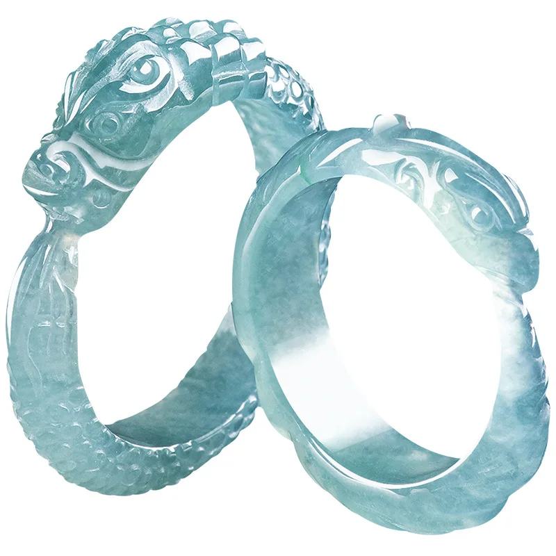 Blue Myanmar Jadeite Dragon Phoenix Ring Designer Natural Jewelry Amulet Stone Real Burmese Jade Luxury Vintage Fashion
