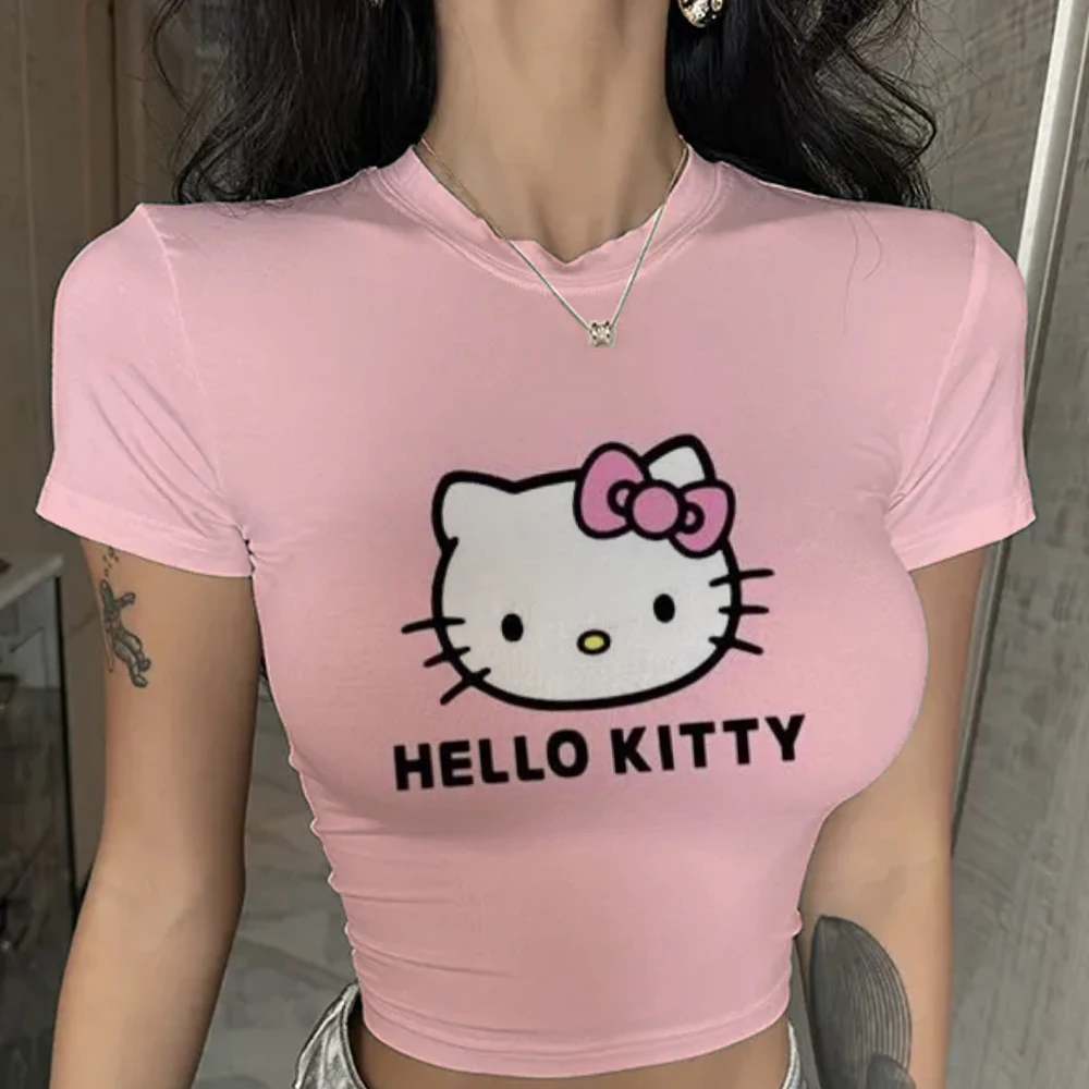 Letnia estetyczna bluzka patchworkowa damska Vintage Punk Hello Kitty nadruk koszulka z krótkim rękawem seksowny styl ubrania Y2k różowa koszulka