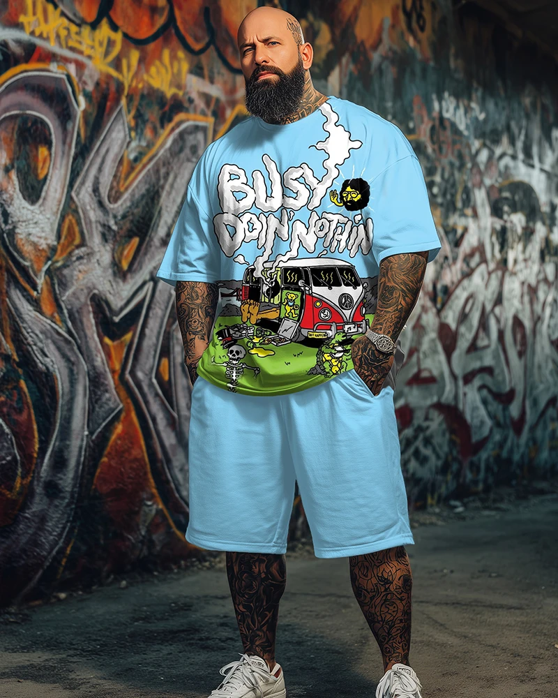 S-9XL Men's Large Size Hippie Rock Music Print Short-Sleeved T-Shirt Shorts Two-Piece Set