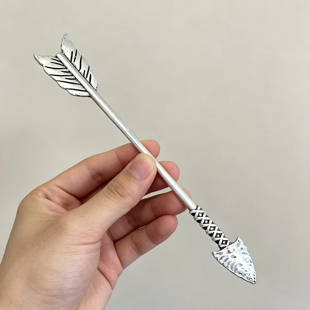 Viking Style Spear And Arrow Shaped Hairpin Antique Silver Relief Feather Metal Hairpin Retro Cosplay Party Plate Hair Accessory