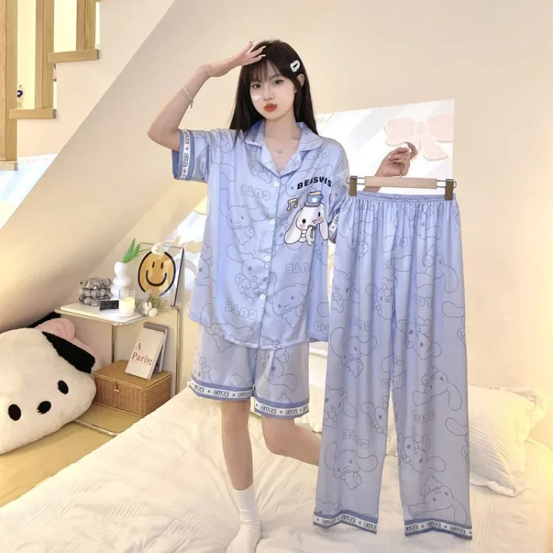 Hello Kitty cute Cinnamoroll Kuromi My melody Pochacco ice silk pajamas for women summer new kawaii student plus size home wear