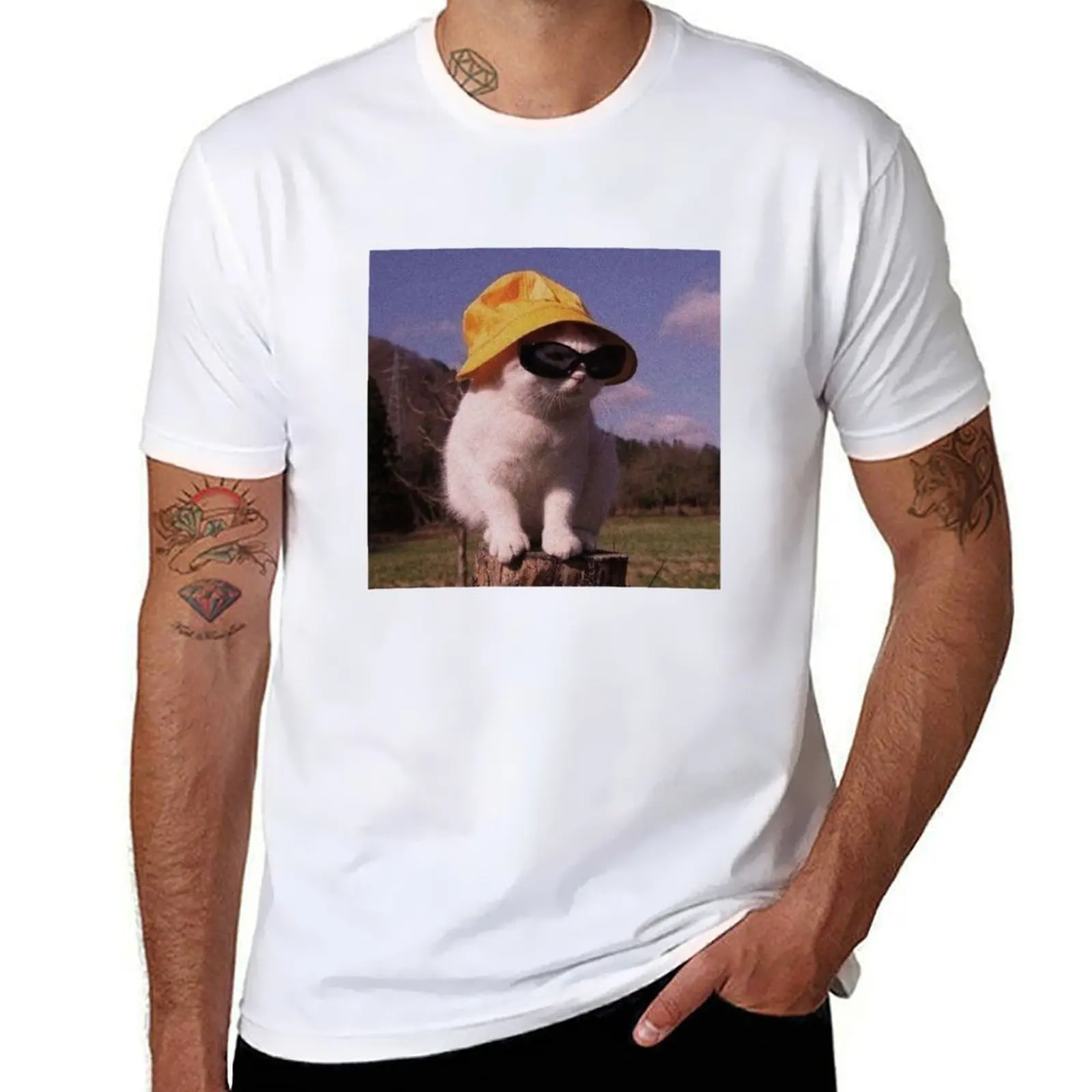 Cat using hat and sunglasses T-Shirt t shirts for man graphic funny t shirt custom print T-Shirt