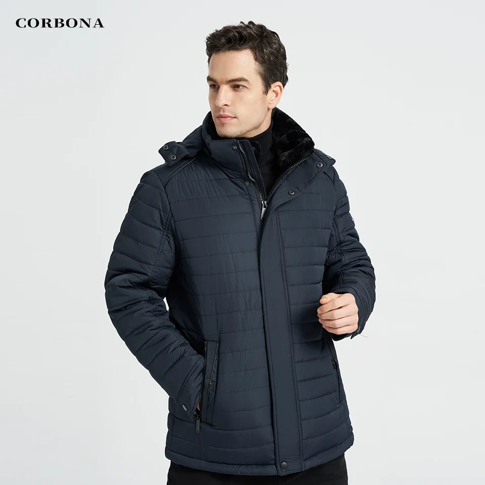 

CORBONA 2024 Keep Warm Thicken Mens Winter Windproof Coat Fur Collar High Quality Cotton Lining Dark Hooded Male Jacket Parka