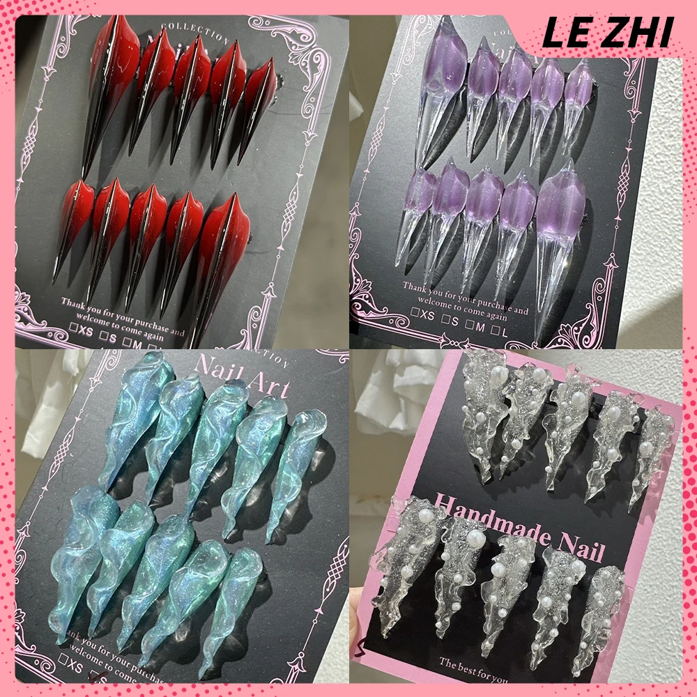 

Y2K Beast Claw Dragon Shaped Claw Colorful Gradients Handmade False Nails Transparent Water Ripples Pearl Wearable Press On Nail