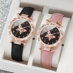 2PCs/Set Women Butterfly Dial Watch Black Pink Color Leather Strap Quartz Watch