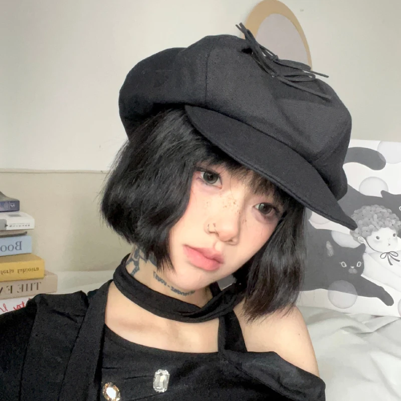 Korean Sweet Bow Design Berets for Women Show Face Small Spring Summer Travel Versatile Retro Literary Short Brim Octagonal Hat