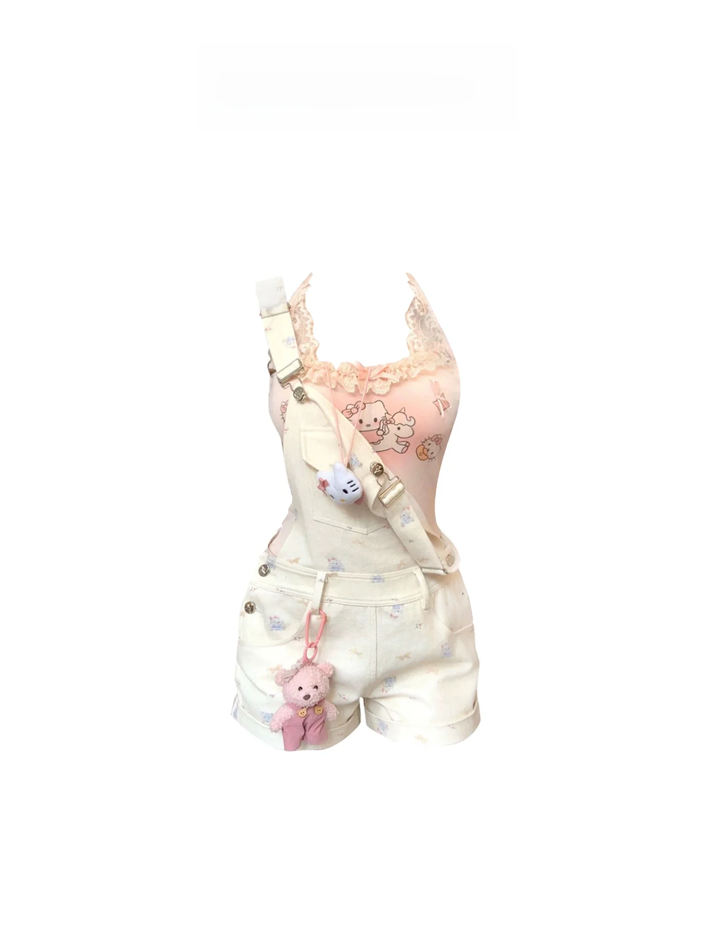 

HEZA Lace Trim Off-Shoulder Shorts Set Women's Summer Slimming Sweet Strap Neck Hanging Top Bottoms Ensemble plus Size