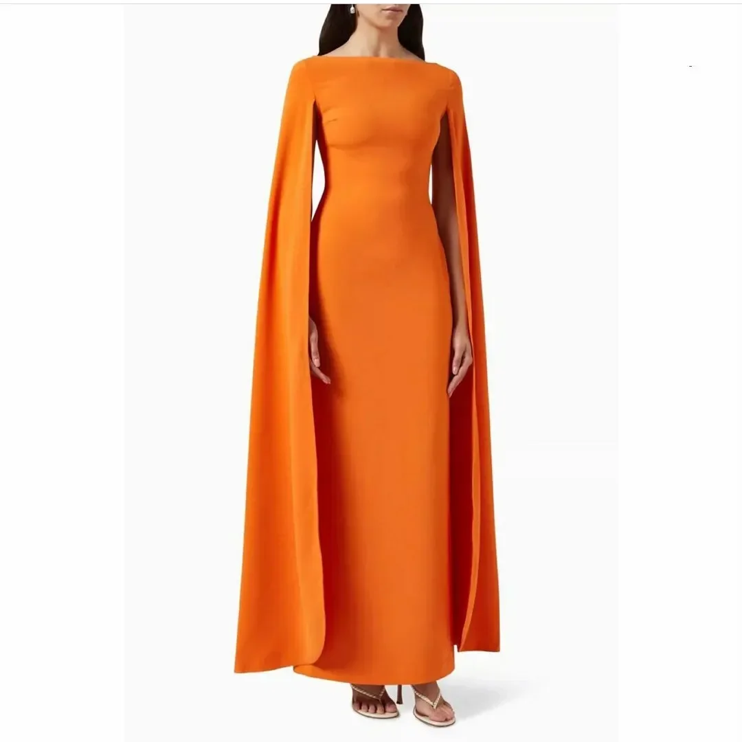 

Saudi Orange Crepe Evening Dresses with Slit Sheath Long Sleeve Bateau Party Gowns فساتين السهرة Ankle Length Women Prom Dress