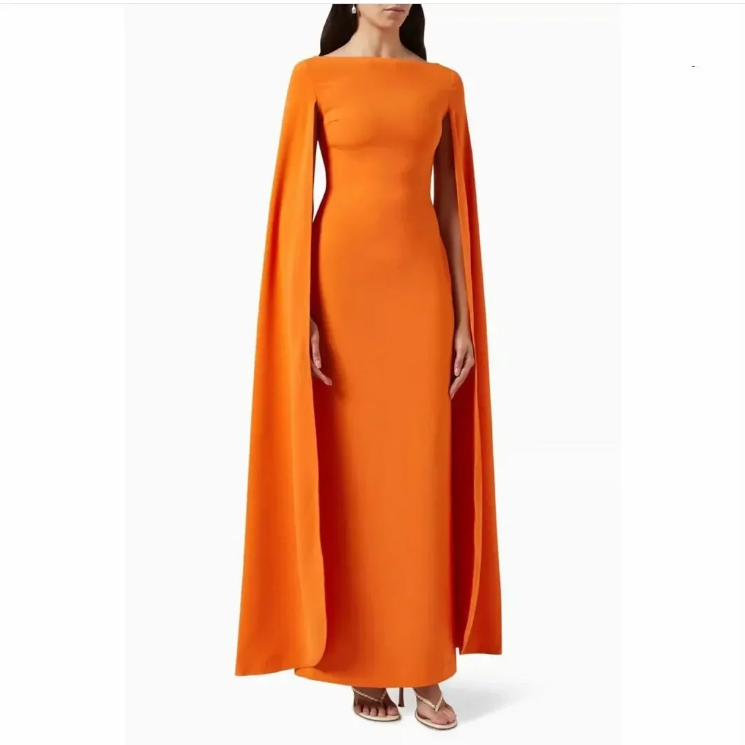 Saudi Orange Crepe Evening Dresses with Slit Sheath Long Sleeve Bateau Party Gowns فساتين السهرة Ankle Length Women Prom Dress