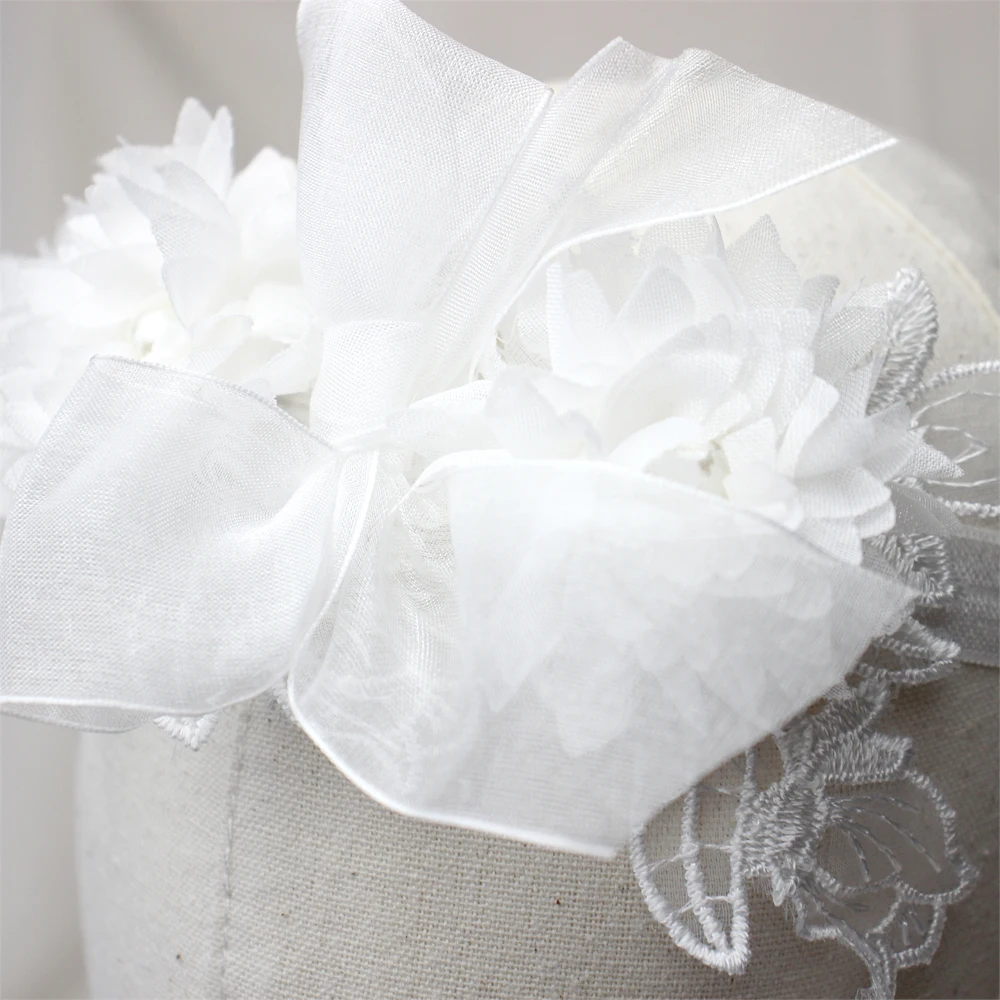 Weiße Spitze Chiffon Blumen Stirnband Baby Mädchen Blumen Turban Prinzessin Mesh Floral Perle Neugeborenen Haar Blume Photoprop Kopfbedeckung – Detail 7