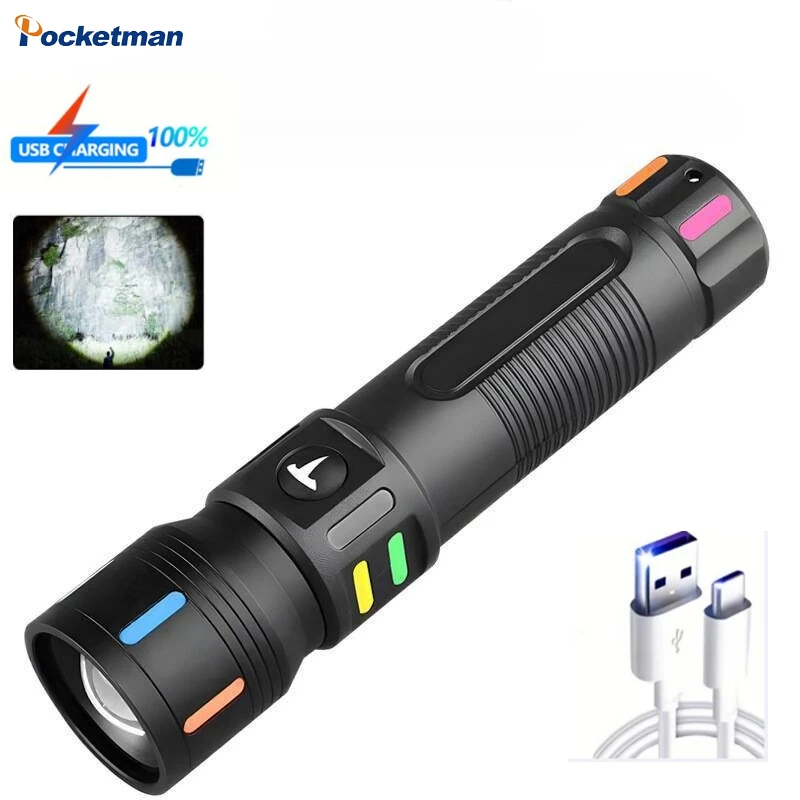 

High Power Flashlight Telescopic Zoom Handlight Portable Fluorescent Color Rechargeable Handheld Torch Outdoor Fishing Lamp