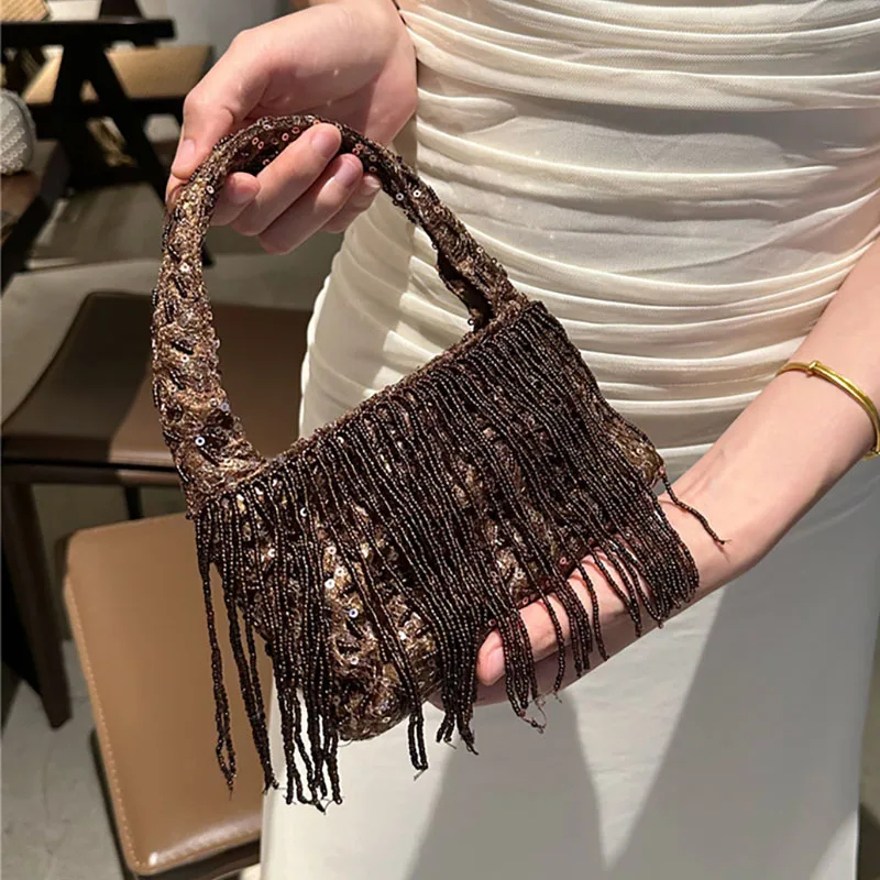 Vintage Handmade Pearl Beaded Tassel Handbag For Women,New Fashion Design Luxury Elegant Sequin Evening Bag Classic Female Purse