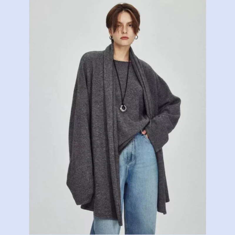 24 year new niche minimalist women's wool cashmere one-piece cardigan mid length sweater