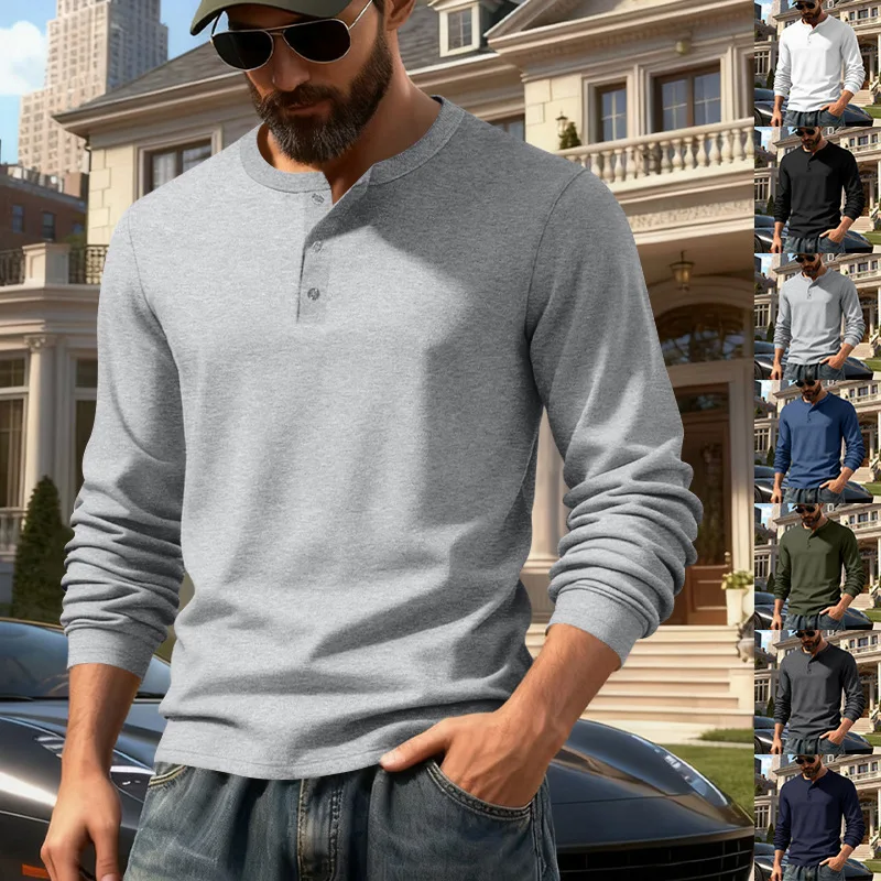 Spring And Autumn Men's Outdoor Leisure Light Luxury Simple Commuter Henry Shirt Long Sleeve Bottom Shirt Men's
