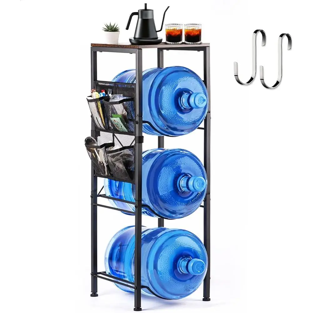 3-Tier Water Jug Holder with Top Shelf Space-Saving Metal Rack Stand 5 Gallon Bottles Organizer Home Office Gym Storage