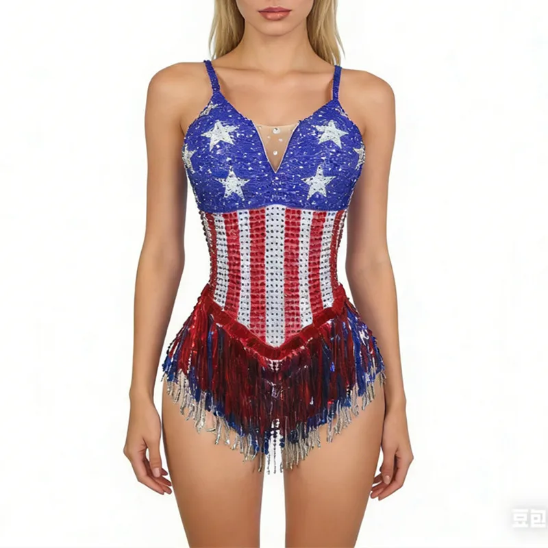 

Костюм для выступлений с узором американского флага, кристаллами и бахромой, сексуальный боди для женщин, танцевальный костюм для певиц и танцовщиц, леотард с бахромой для шоу и сцены.