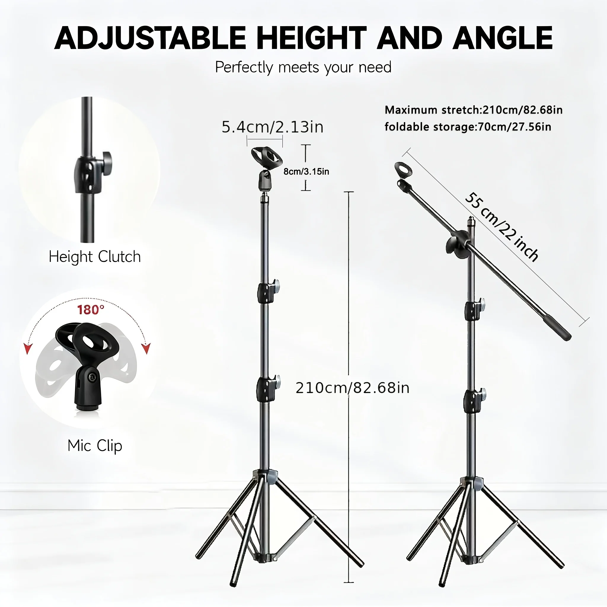 Floor-Standing Microphone Tripod Stand | Adjustable Phone Holder | Carbon Steel and ABS Microphone Stand | Height-Adjustable