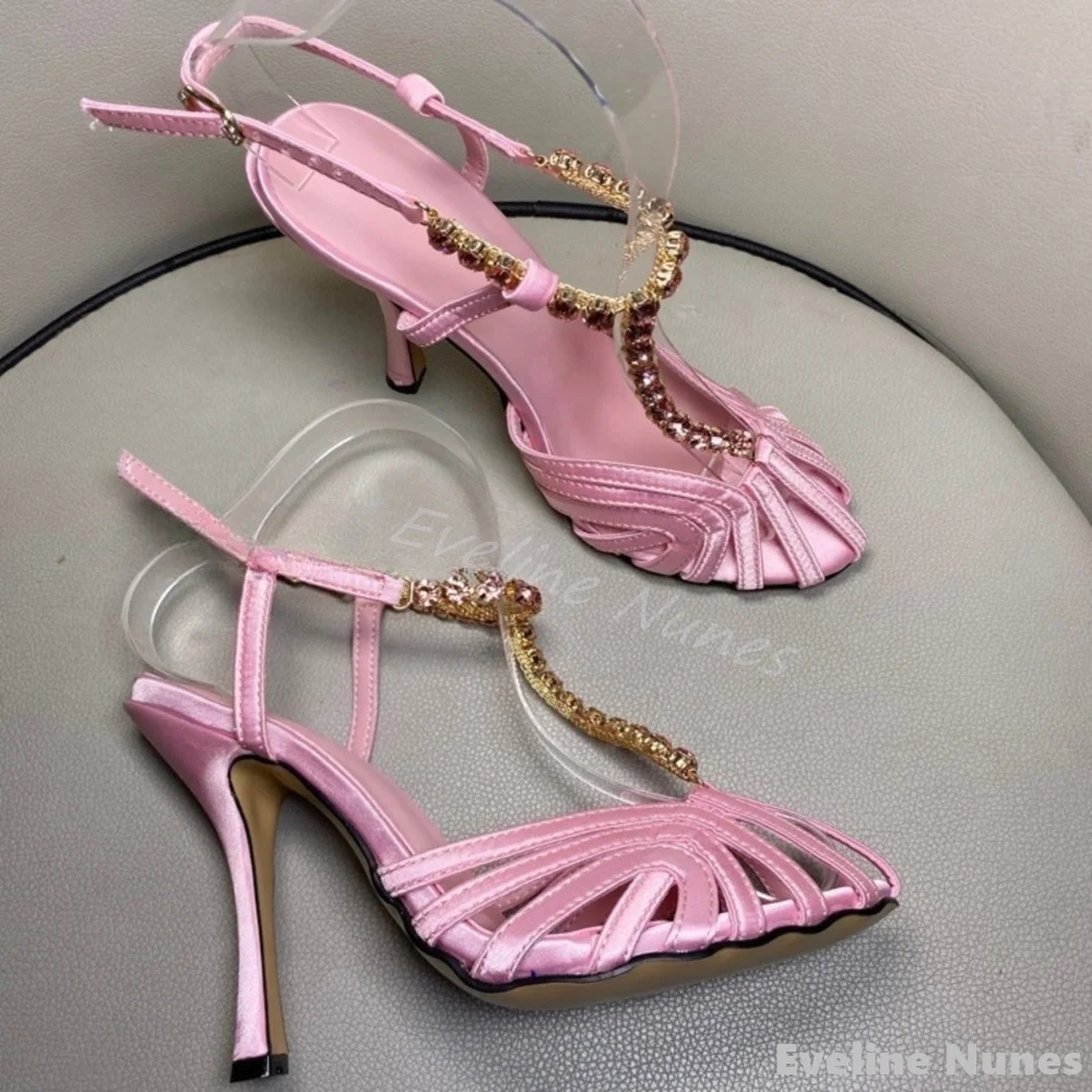 

Hollow Rhinestone T-strap Sandals Women Sexy Closed Toe Stiletto Heels Ankle Strap Pumps 2025 Fashion Luxury Catwalk Dress Shoes