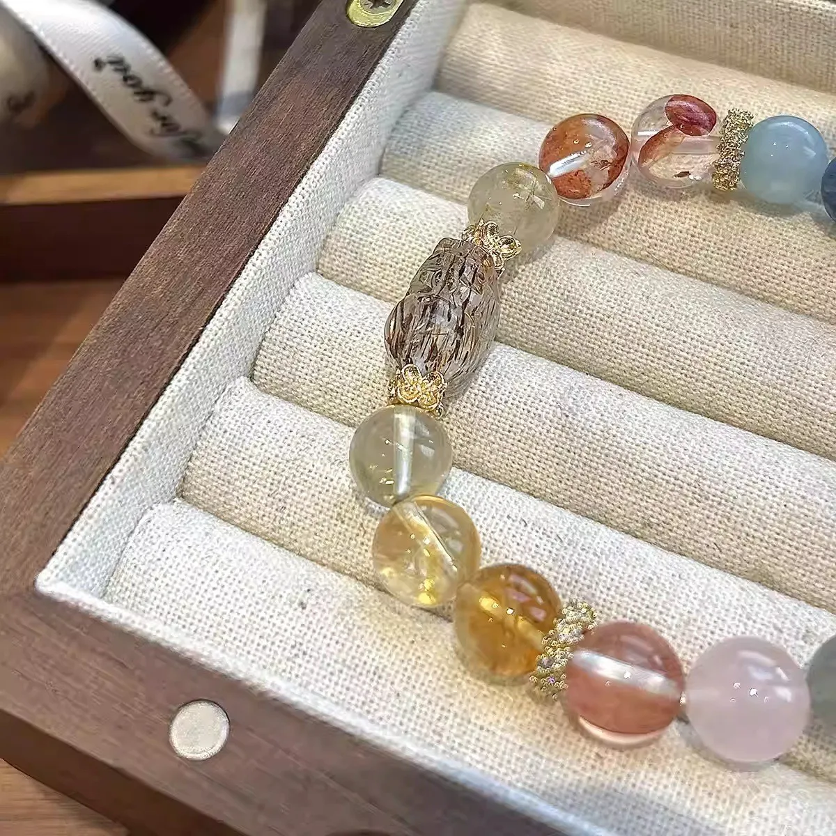 Multicolored Beaded Bracelet with Animal Motif Pixiu Rutilated Quartz and Citrine in Mixed Material and Crystal for Women Gift