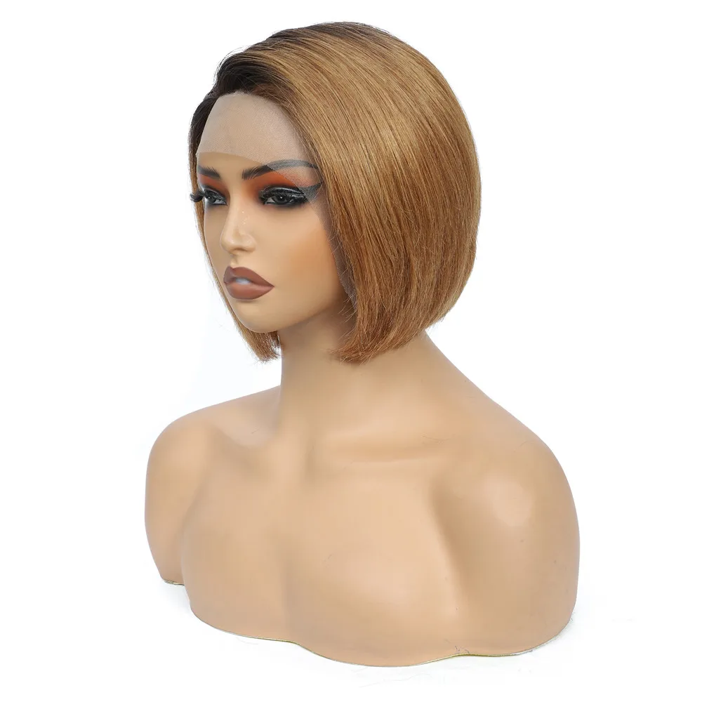 T-Front Lace Pixie Cut Echthaarperücken für Frauen, Farbe Braun, Pixie Cut Perücke, 180% Omber Braun, glatte Echthaarperücken HairUGo – Detail 5