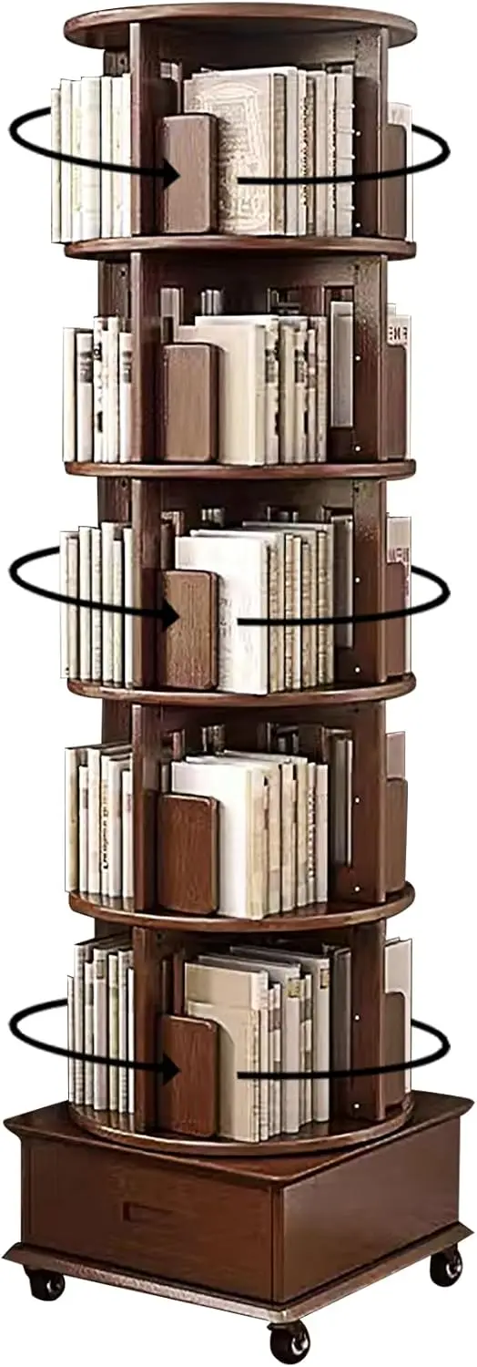 Solid Wood Rotating Book Shelf, 360° Display Bookcase with Drawer, 5-Tier Mobile Bookshelf with Wheels, 79