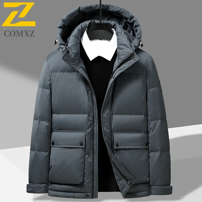 COMXZ Mens Down Jacket Classic Hooded Commuting Office Lightweight Parka Fashion Camping Cold Protection Autumn Winter Coat