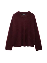 Women Winter Elegant Burgundy O-neck Sweater Fashion Long Sleeves Loose Pullover Female Chic Fuzzy Knitted Jumper Tops TRAF