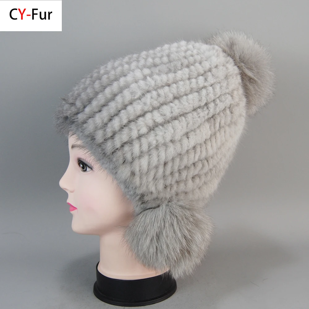 

Winter Fur Hats For Women Real Mink Fur Cap With Fur Pom Pom Warm Knitted Ear Protection Beanies Hat