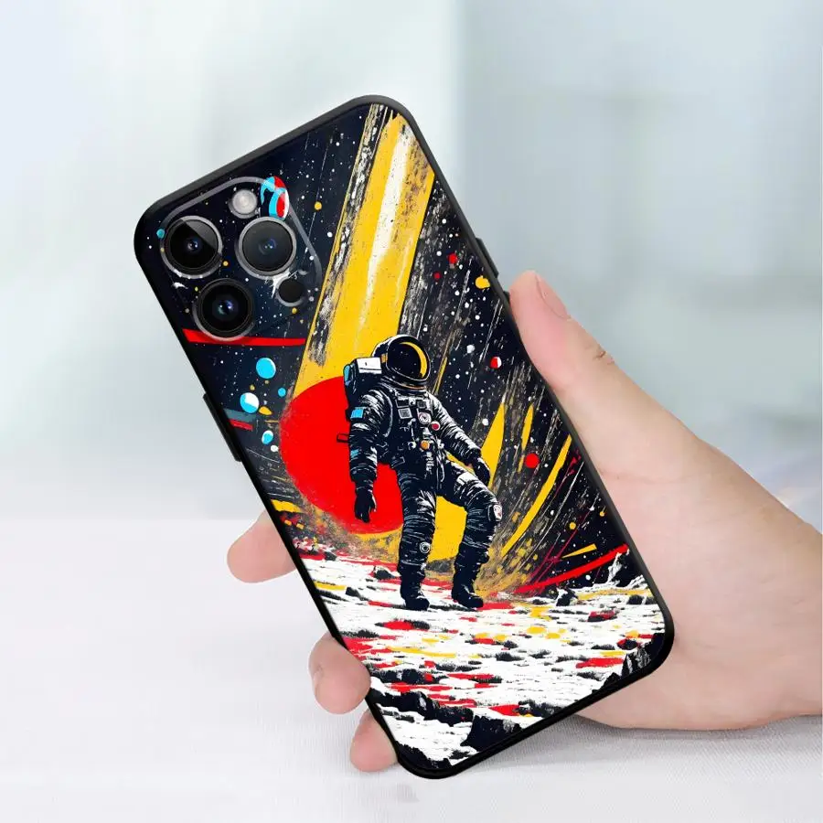 حافظة لهاتف آيفون 17 اير 13 12 11 17 برو ماكس 7 8 XR 15 16 14 Plus XS Max غطاء هاتف ناعم أسود كارتون جالاكسي رائد الفضاء #6