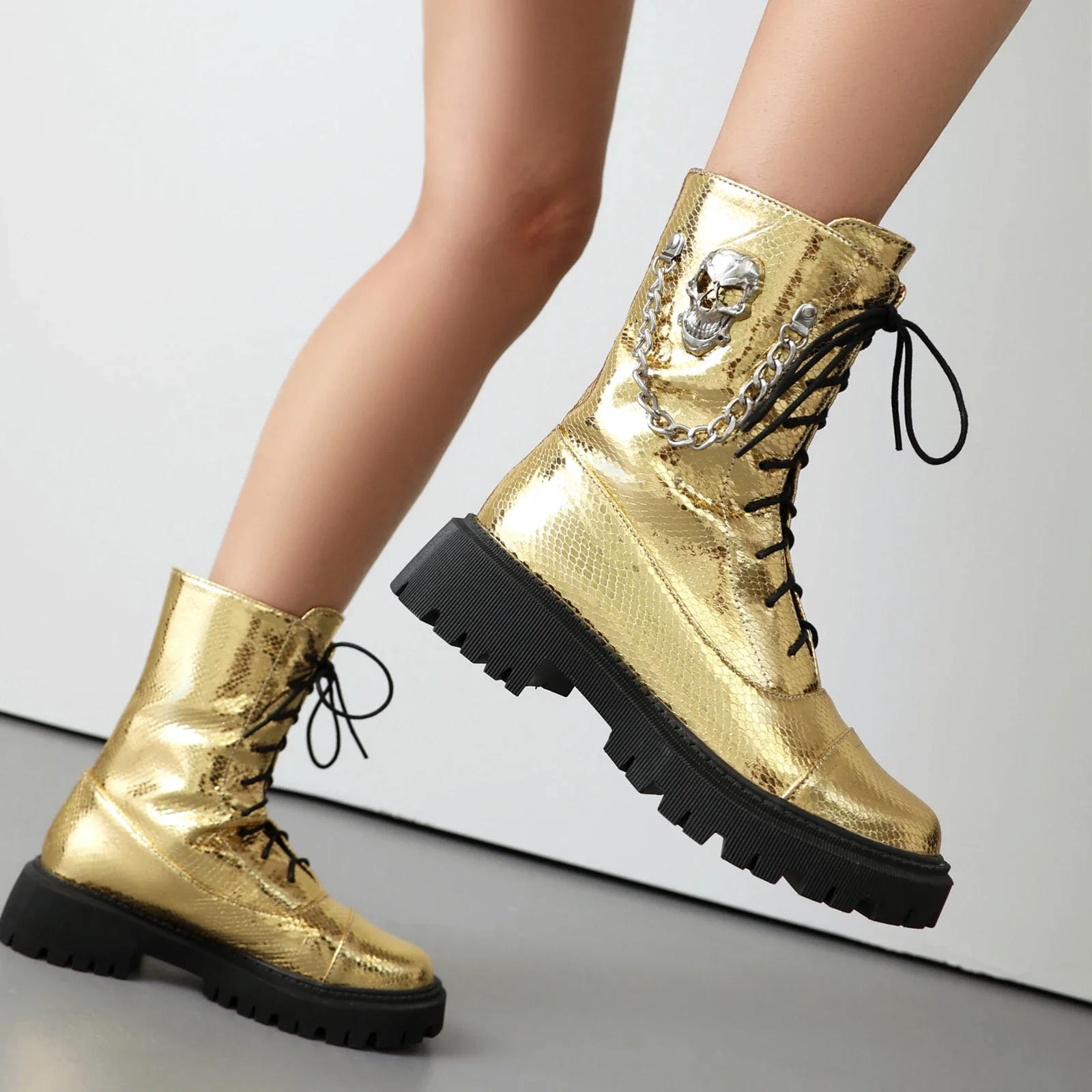 2024 new autumn winter women ankle boots plus size 22.5-26cm pu/printing fabric Metal chain thick soled boots women modern boots image 6
