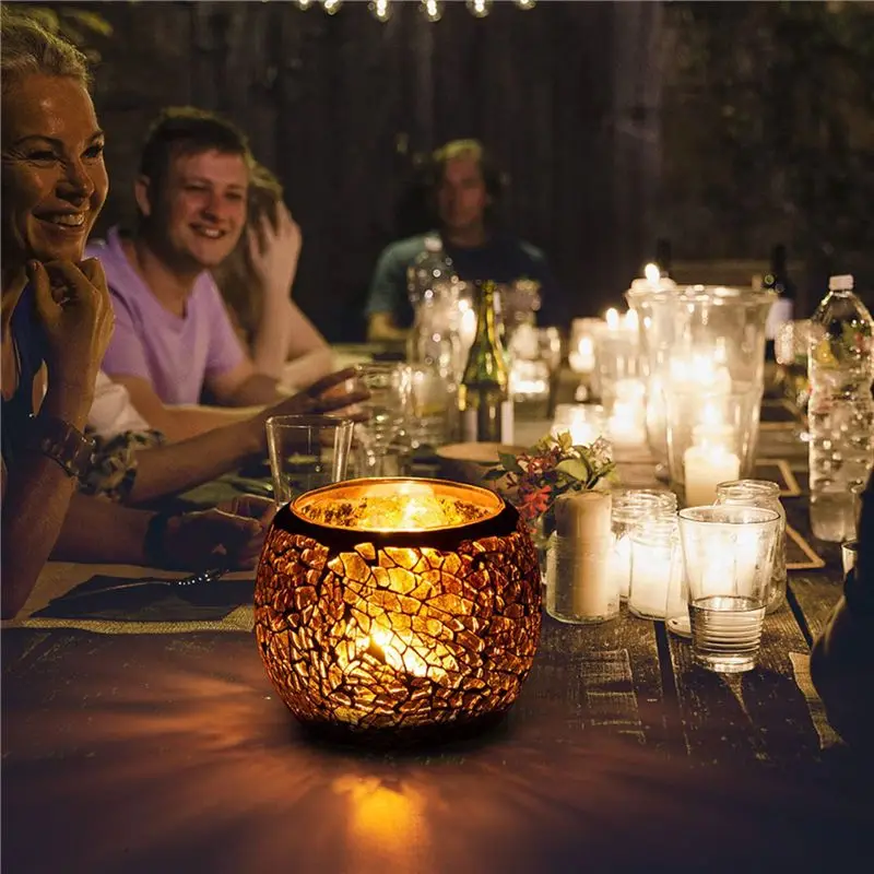 B79B Mosaic Glass Candle Holder, 12 Pcs Handmade Tea Light Candle Holder, Romantic Shattered Glass Votive for Wedding Party
