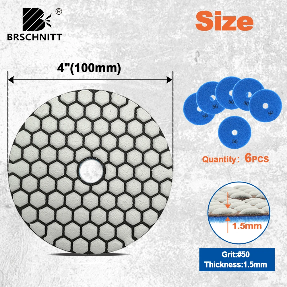 BRSCHNITT Trockenpolierpads Set mit 6 Schleifscheiben für Marmor Granit Keramik Stein Winkelschleifer Durchmesser 100mm 4 Zoll – Detail 4