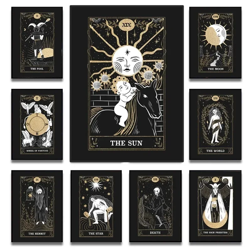 Black Gold Psychedelic Sun Moon Tarot Card Poster Hippie Astrology Divination Witchcraft Canvas Painting Wall Room Boho Decor