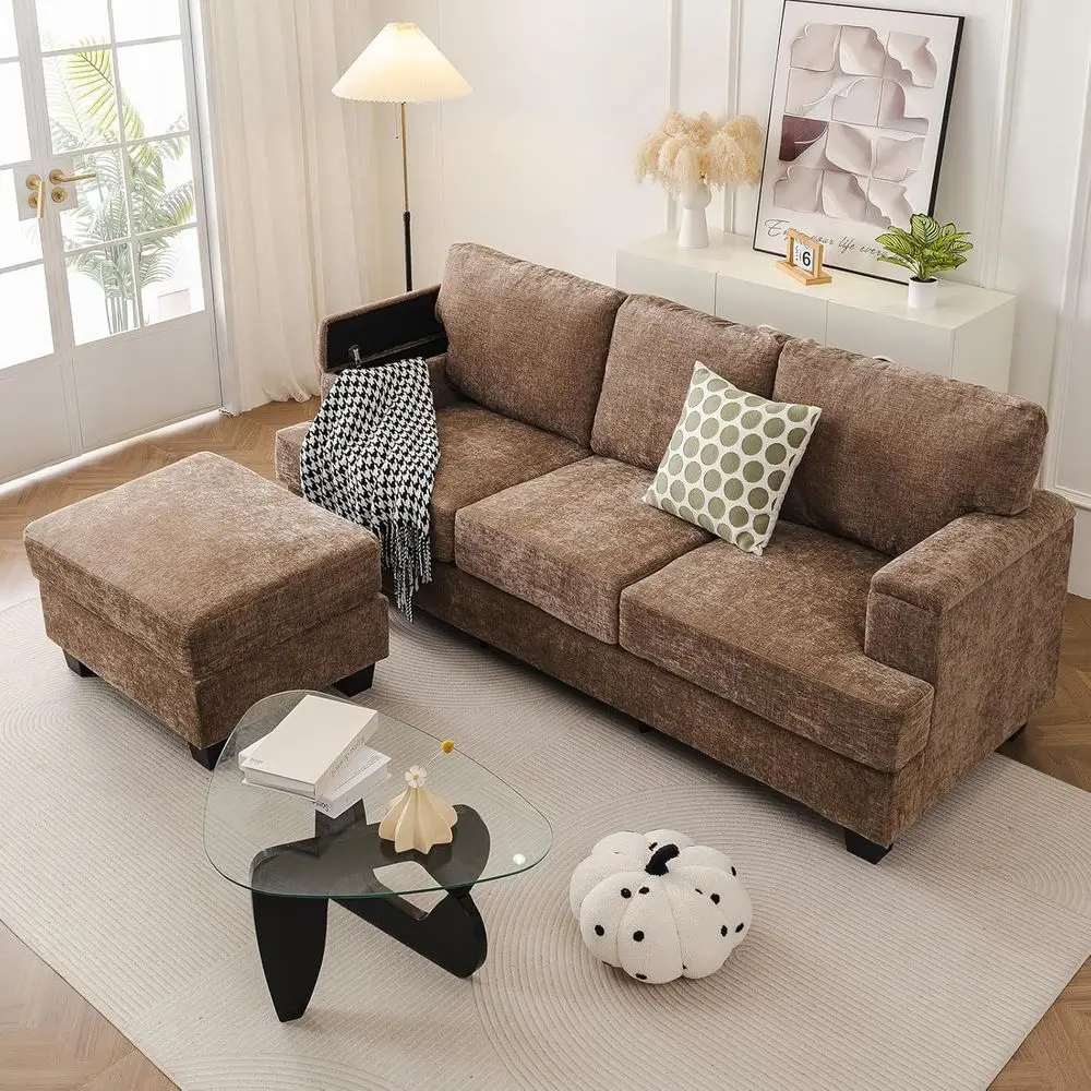

85 L-Shaped Sectional Sofa with Armrest Organizer, 3-Seat Sofas with Movable Ottoman, Thick Cushion for Comfort, Chenille Sofas