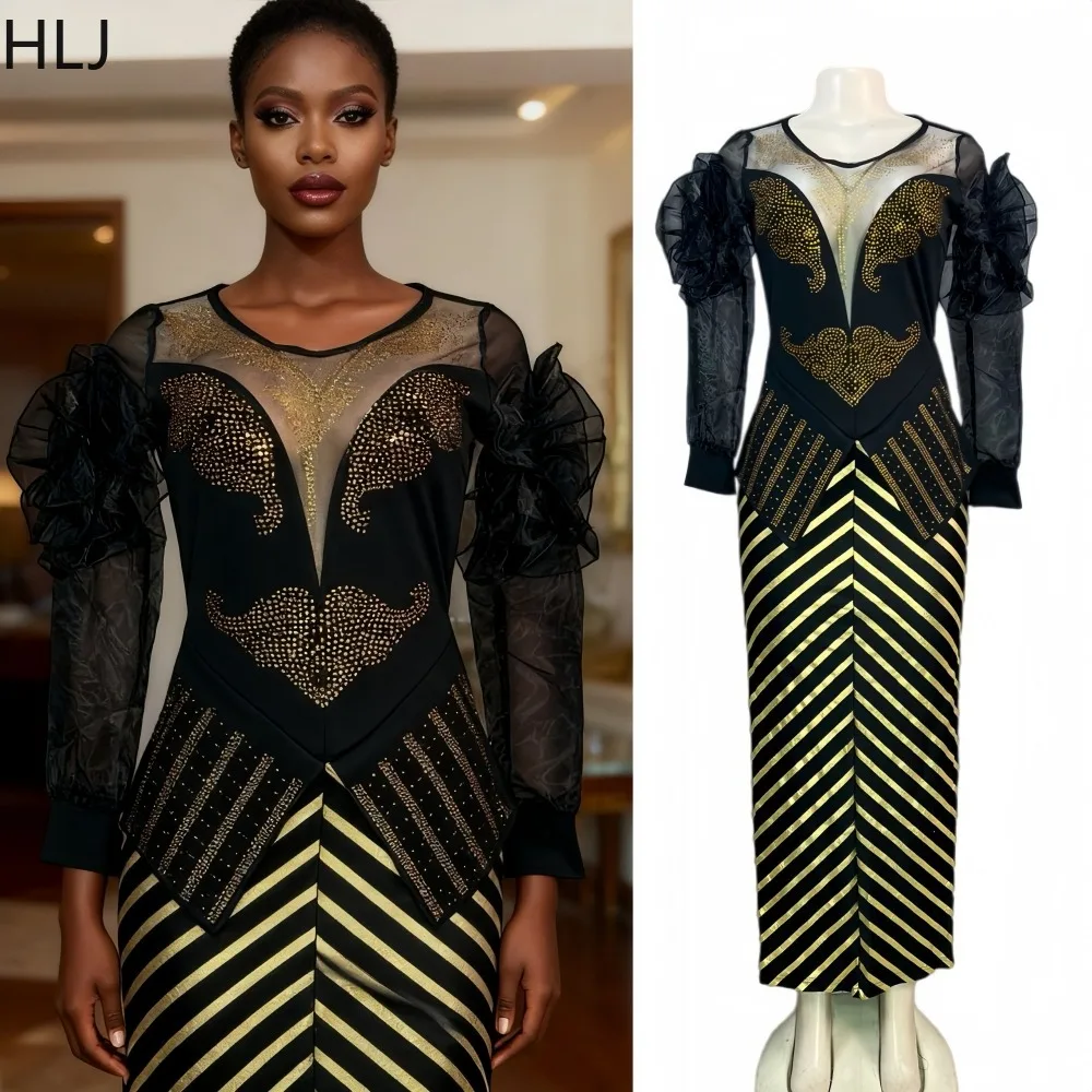 

HLJ Sexy Mesh Rhinestone Patchwork Woman 2 Piece Set Outfit See Through Long Sleeves Top and Skirt Female Streetwear Vestidos