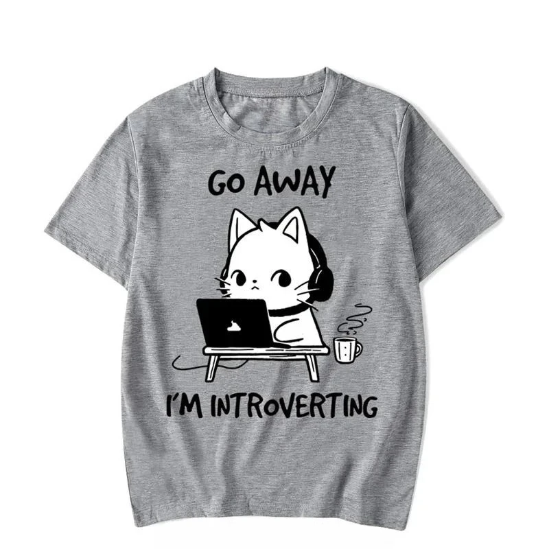 Go Away I’m Introverting Graphic Funny Cat Gamer Famale Print Top Trendy Harajuku Women O-neck Short Sleeve Minimalist Loose Tee