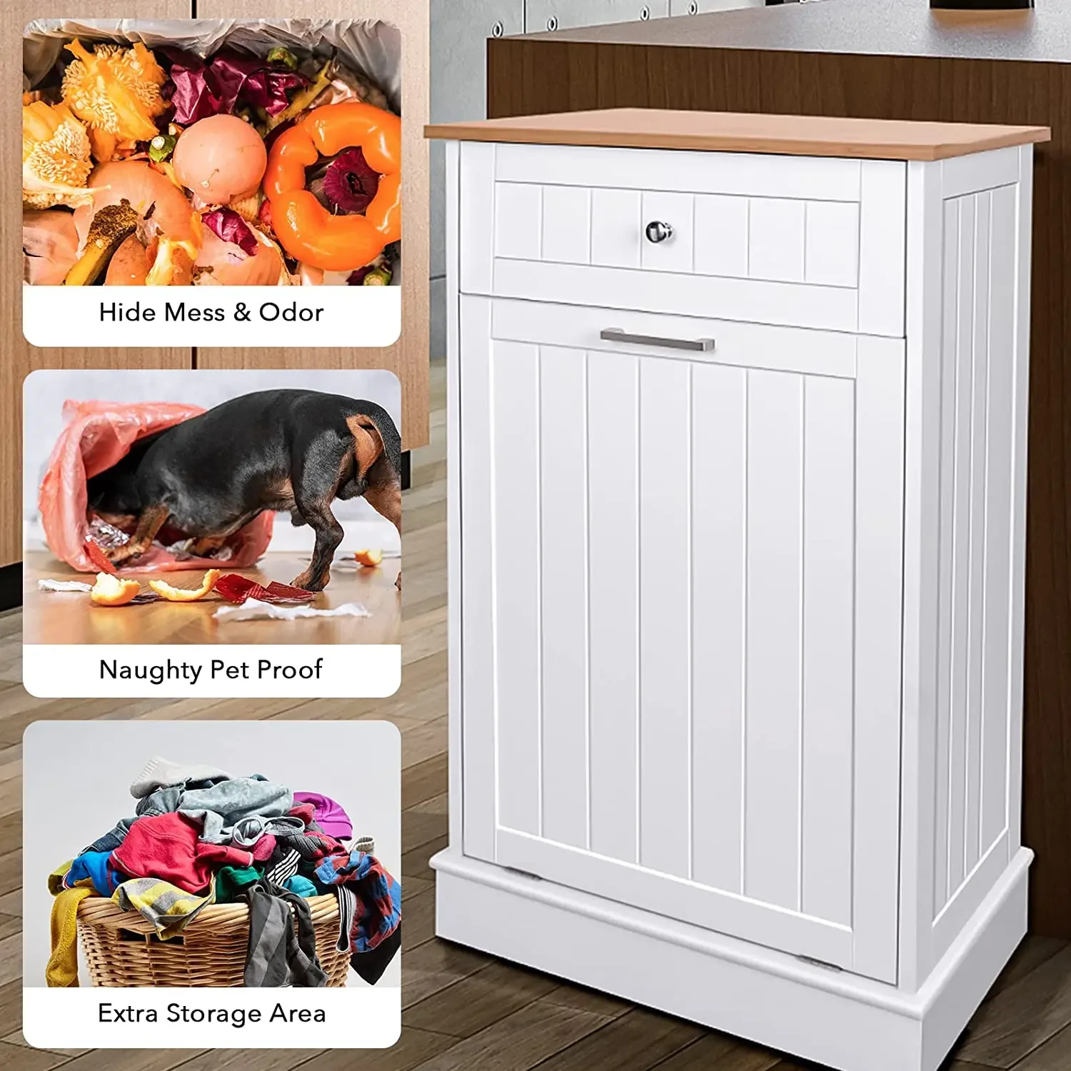 Trash Cabinet Tilt Out Freestanding, Pet Proof Kitchen Trash Cabinet Laundry Hamper with Cutting Board, Hideaway Trash