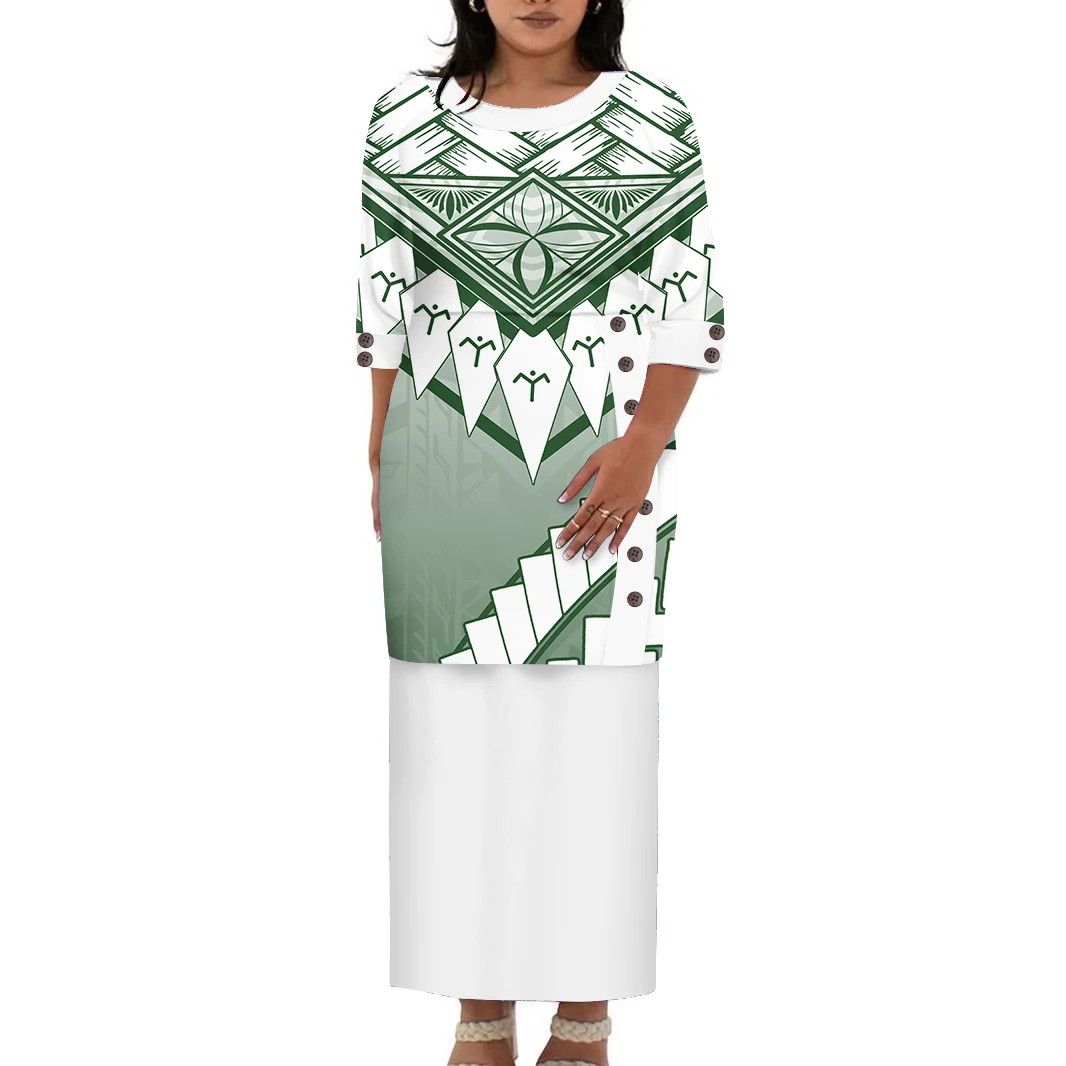 ชุดเดรสยาวไซส์ใหญ่สไตล์ฮาวายสำหรับผู้หญิง ออกแบบเองได้ ชุดโพลินีเซียนแบบโพเลตาซี ปตากา คอทรงโอ ชุดออกงาน 2 ชิ้น