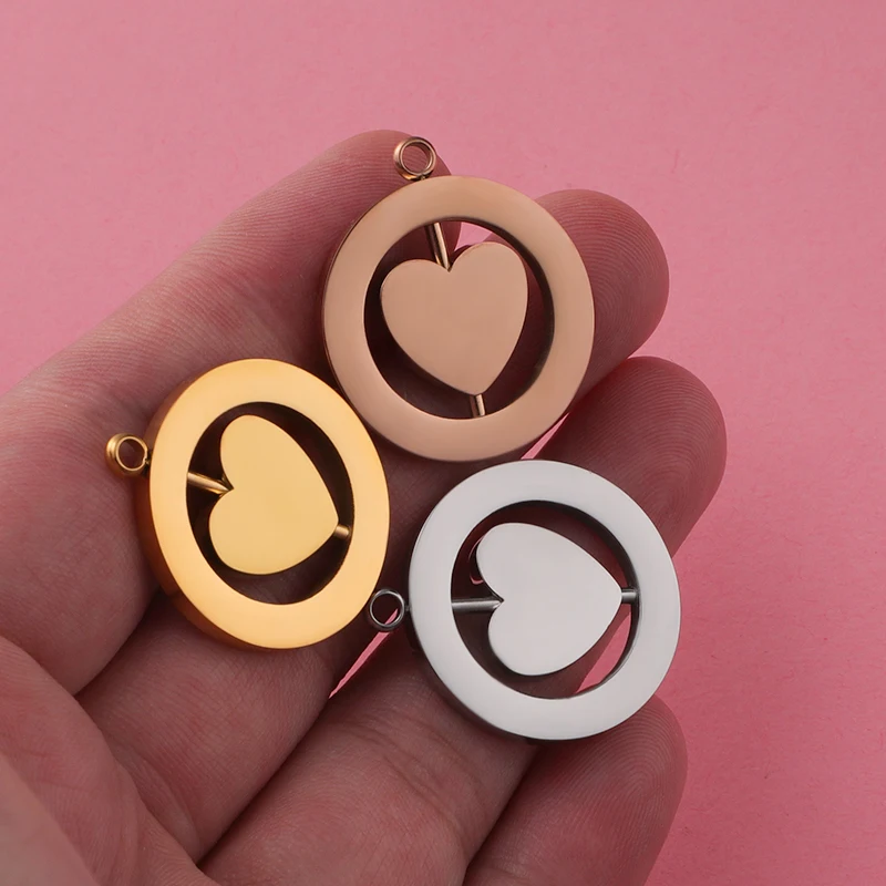 Fnixtar 5pcs Round Square Heart Pendant Rotatable Stainless Steel Mirror Polish Hollow Pendants Charm DIY Necklace Gift